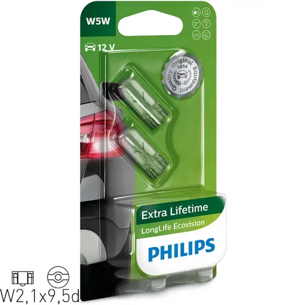 Philips LongLife EcoVision W5W T10 12V/5W Glassockellampen - 12961LLECOB2 Zertifiziert