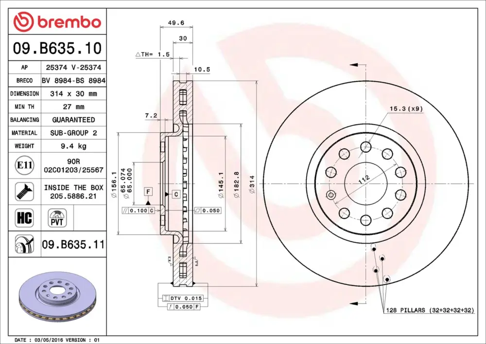 Günstig BREMBO 09.B635.11 - Bremsscheibe - PRIME LINE - UV Coated
