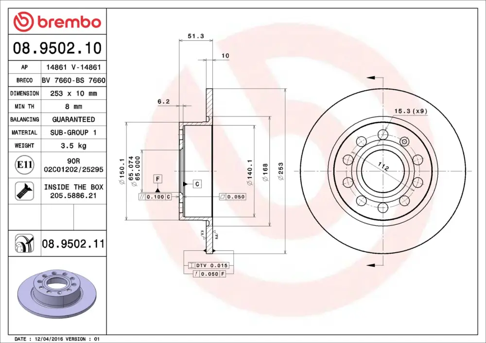 Garantierte Lieferung BREMBO 08.9502.11 - Bremsscheibe - PRIME LINE - UV Coated