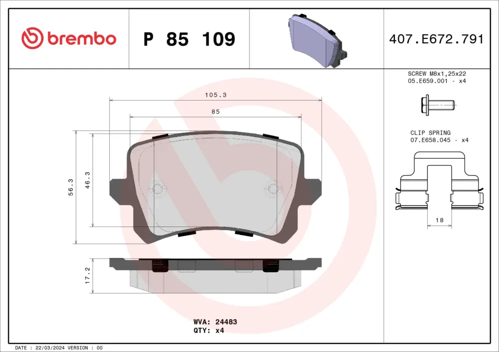 BREMBO P 85 109X - Bremsbelagsatz, Scheibenbremse - XTRA LINE Neue Kollektion