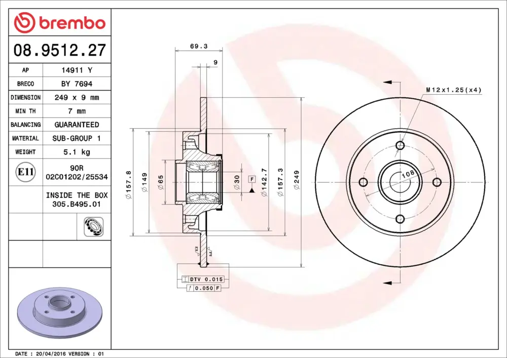 BREMBO 08.9512.27 - Bremsscheibe - PRIME LINE - With Bearing Kit Online Kaufen
