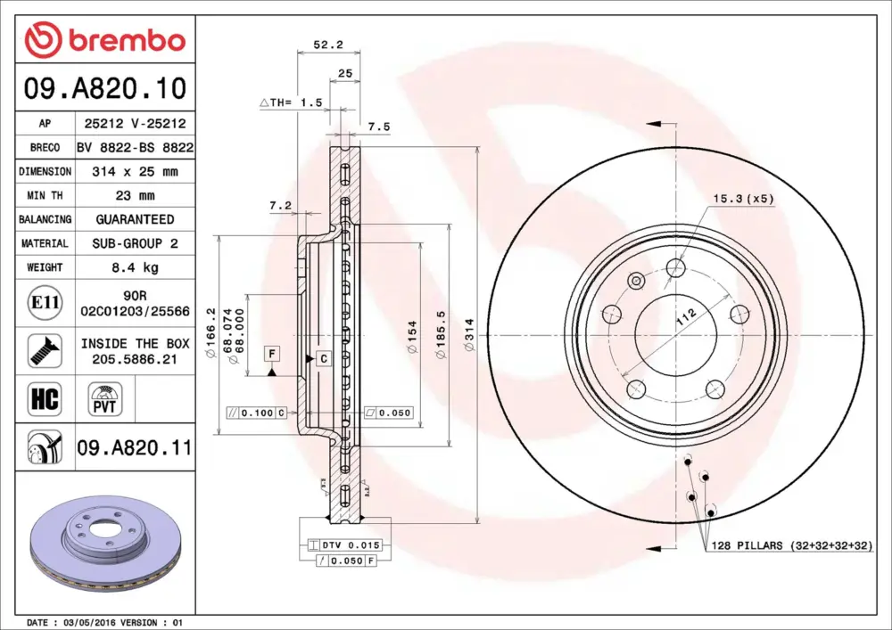BREMBO 09.A820.11 - Bremsscheibe - PRIME LINE - UV Coated Direktkauf