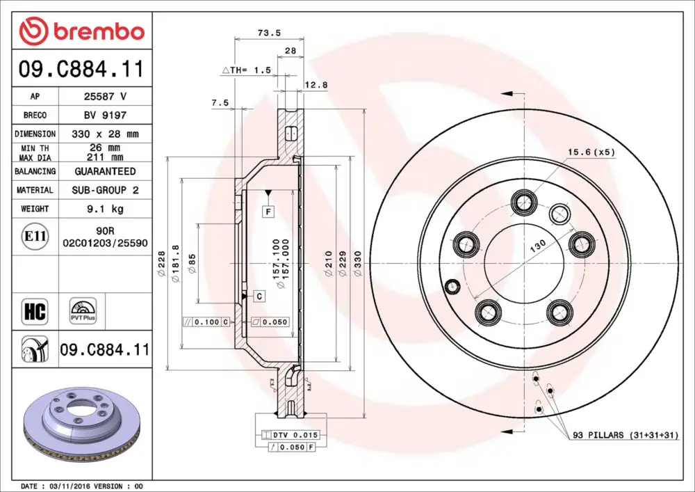 Neue Ware BREMBO 09.C884.11 - Bremsscheibe - PRIME LINE - UV Coated