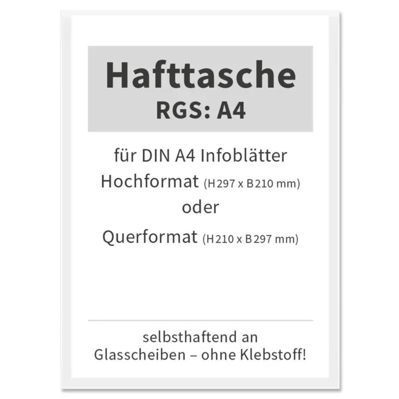 Hafttasche RGS A4 selbsthaftend an Glasscheiben, bis 120° hitzebeständig Expressversand